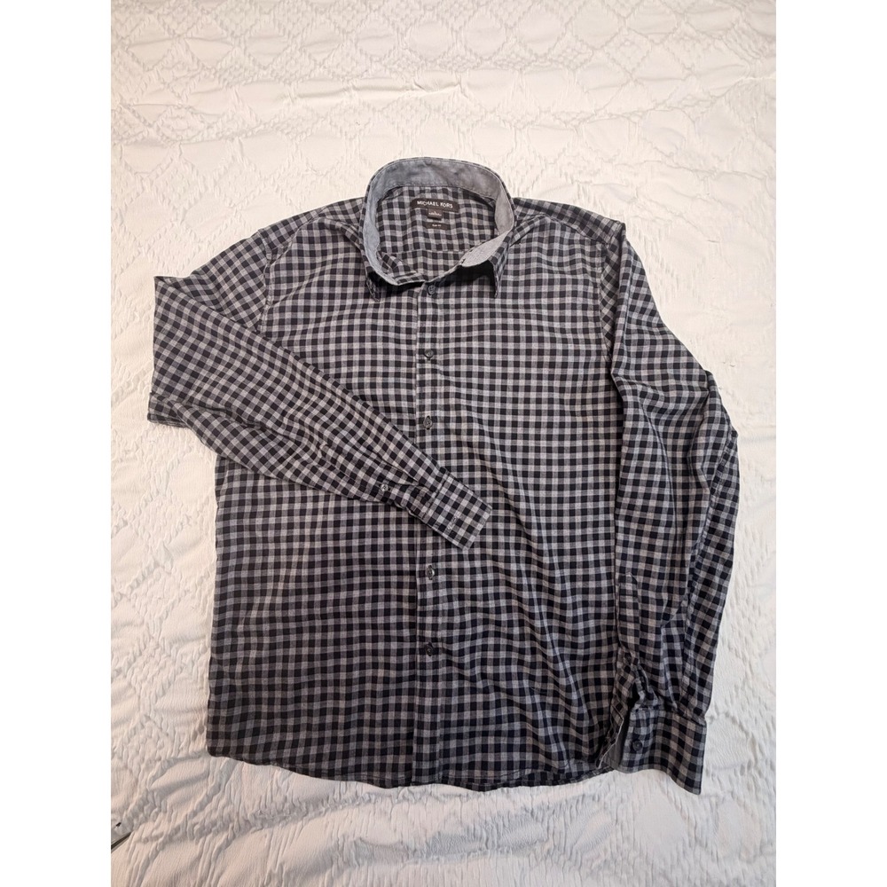 Michael Kors Mens Slim Fit Gingham Button Down Navy Grey Large L Long Sleeve